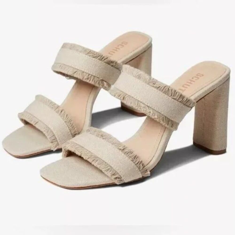 Schutz Amely Mid Block Linen Frayed Double Strap Sandals Oyster 7.5
